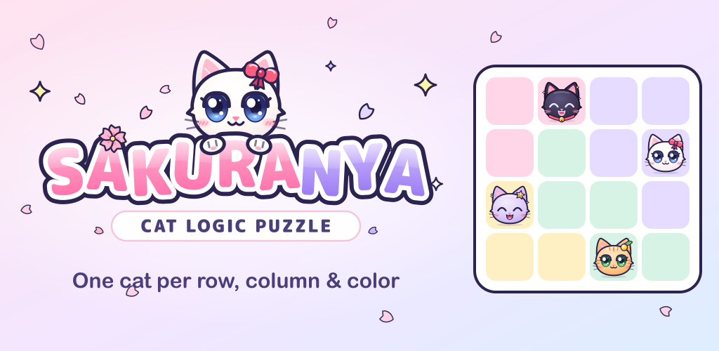 Sakuranya: chibi cats on a colorful puzzle board in a sakura-lit shrine town